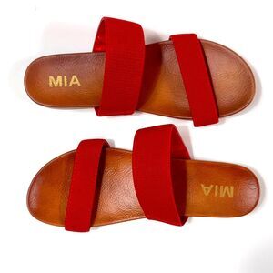 Mia Jaden Elastic Slide Sandal, 6.5M, Red Straps, Vegan Faux Leather, Slip On